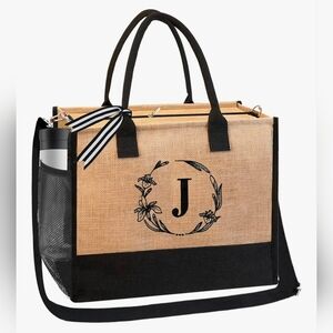 Monogrammed Embroidered Jute Tote Bag Zipper Pocket -Personalized Gift- Letter J